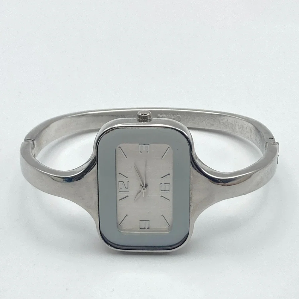 Modern Women's Watch 34mm Silver Tone Bangle Rectangle New Battery 6.75